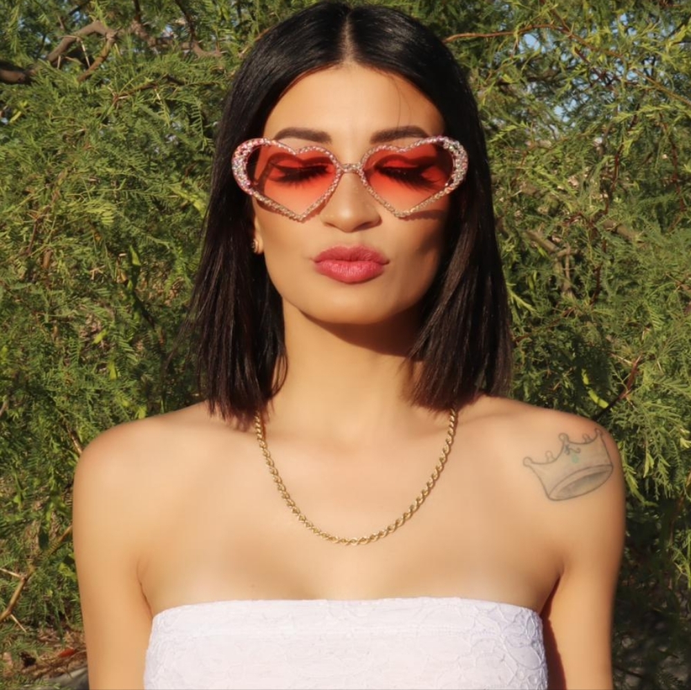 True Love Heart Sunglasses Encrusted with Multi-Color Rhinestones on Pink Lens